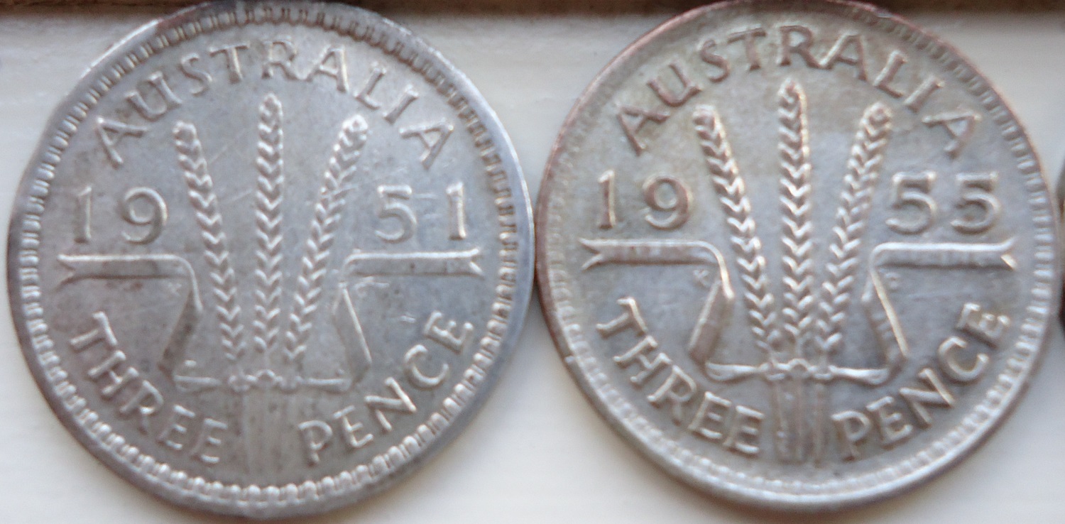 Australian-Threepence-1951,-1955,-1959,-1960---Grading